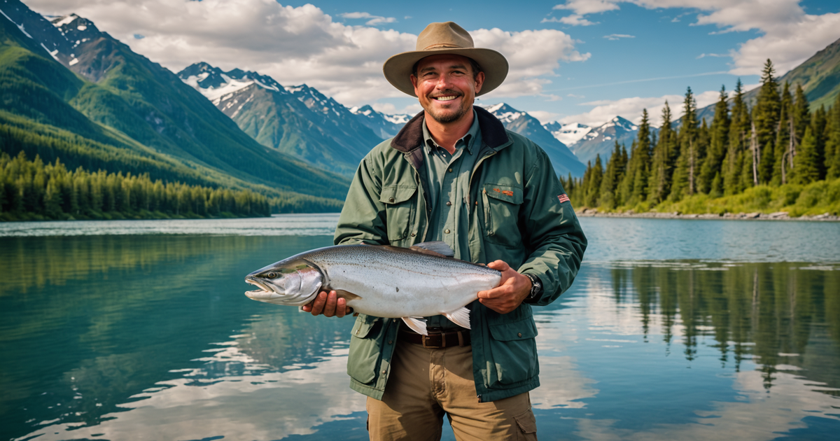 An angler with a huge King Salmon catch in Alaska's pristine waters.