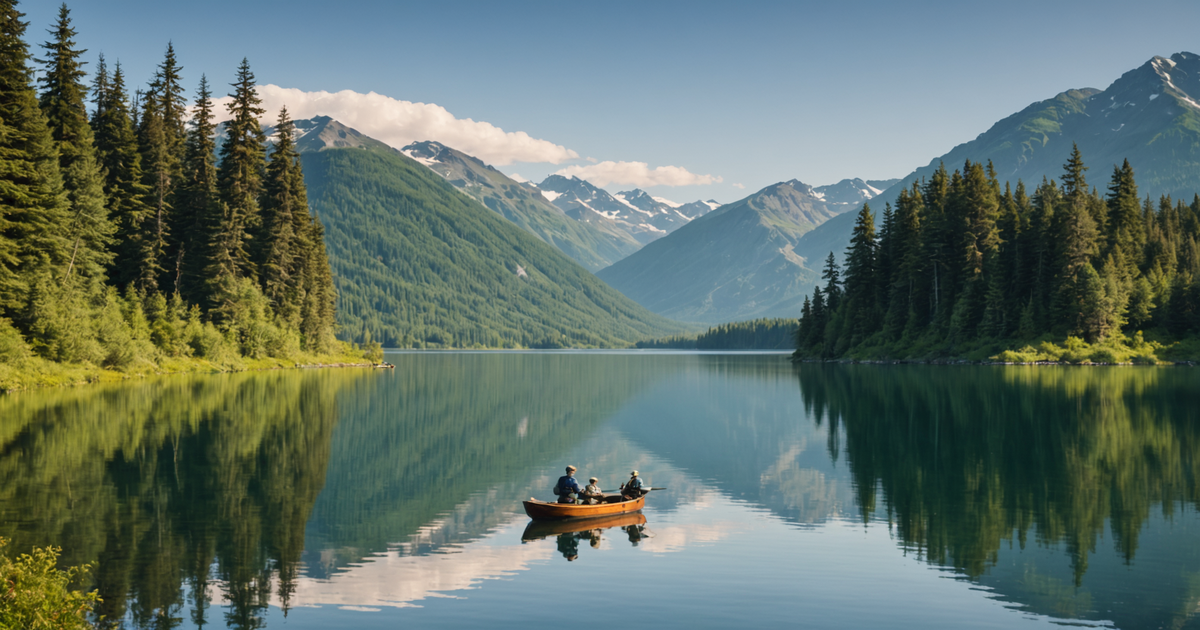 A serene Alaskan lake with anglers fishing for pike