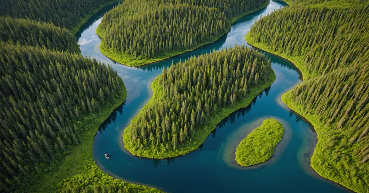 Aerial view of an Alaskan river with a fishing boat