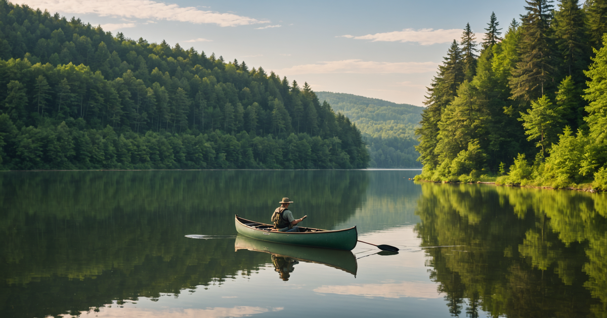 A serene view of a lake with an angler casting a line from a canoe
