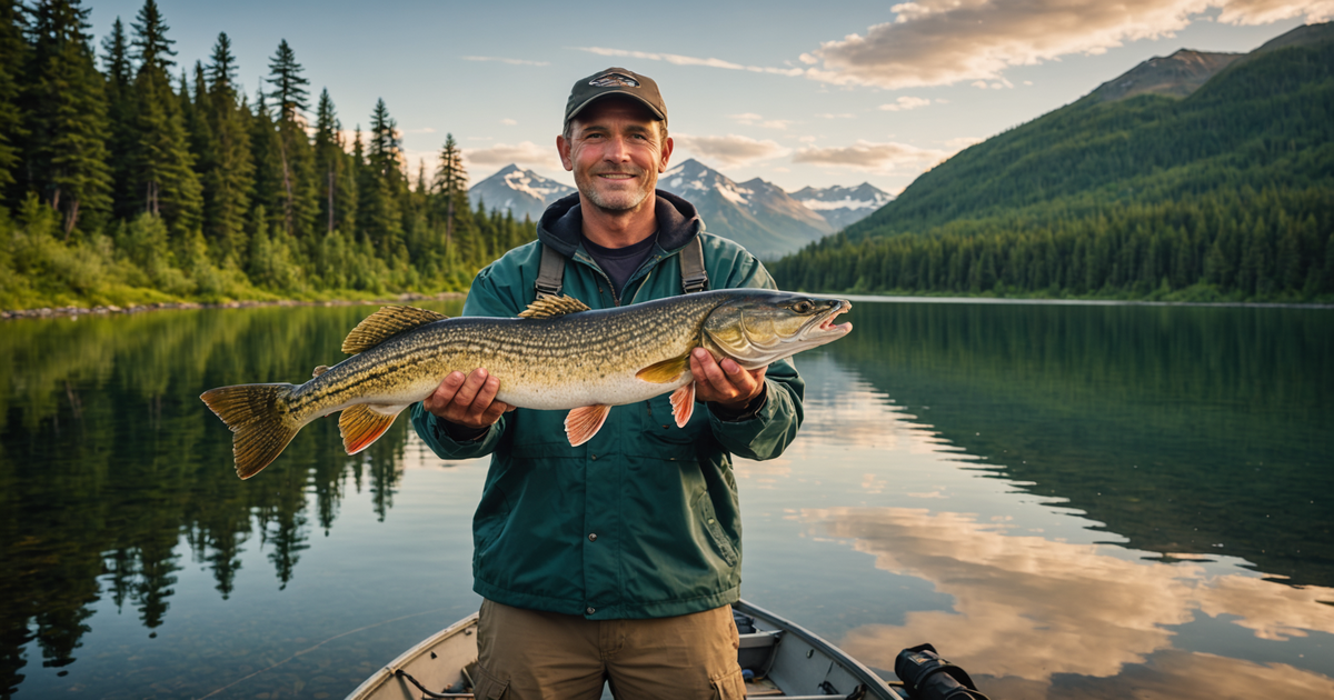 An angler displaying a freshly caught pike against the backdrop of a scenic Alaskan lake