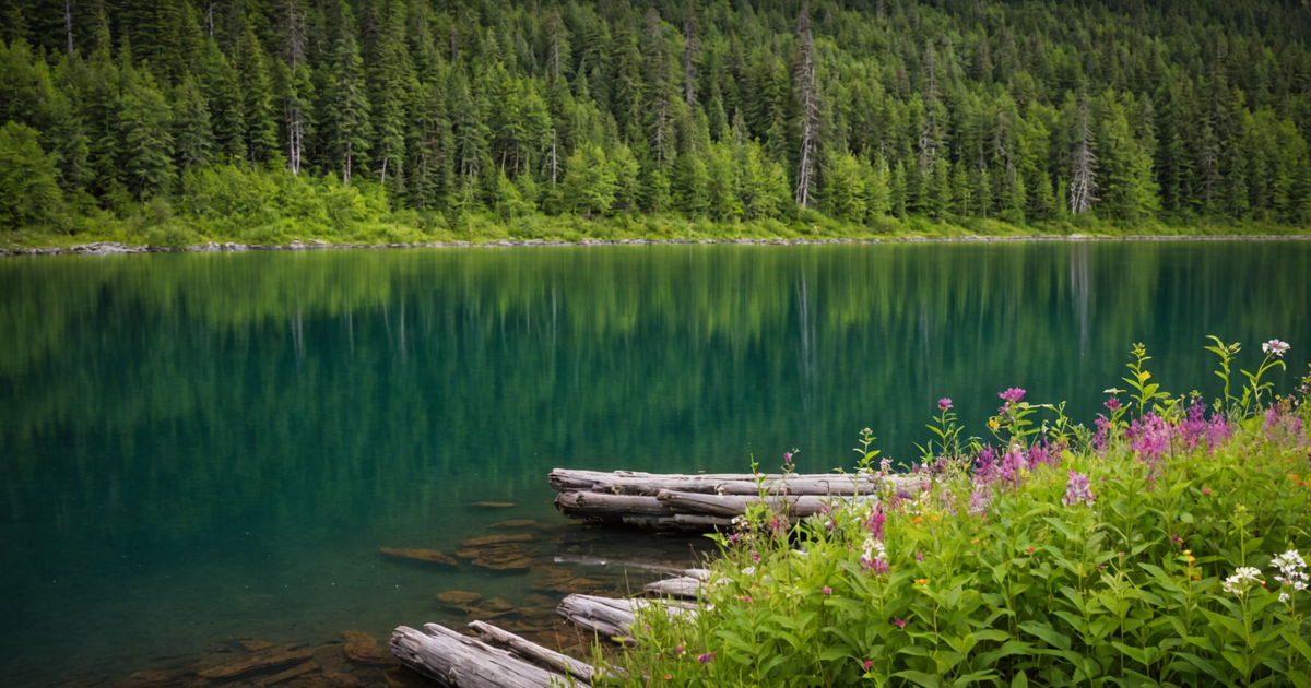 A serene Alaskan lake, surrounded by lush greenery, perfect habitat for pike.