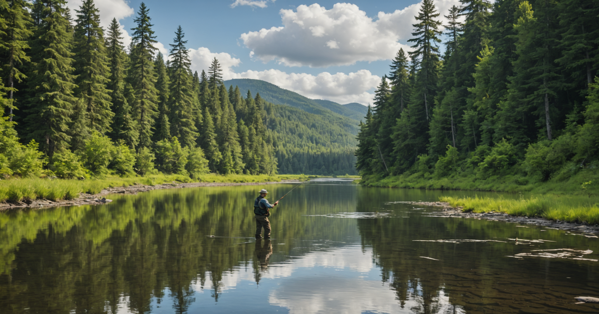An angler casting a line in the tranquil waters of the Innoko River, surrounded by lush greenery and pristine wilderness.