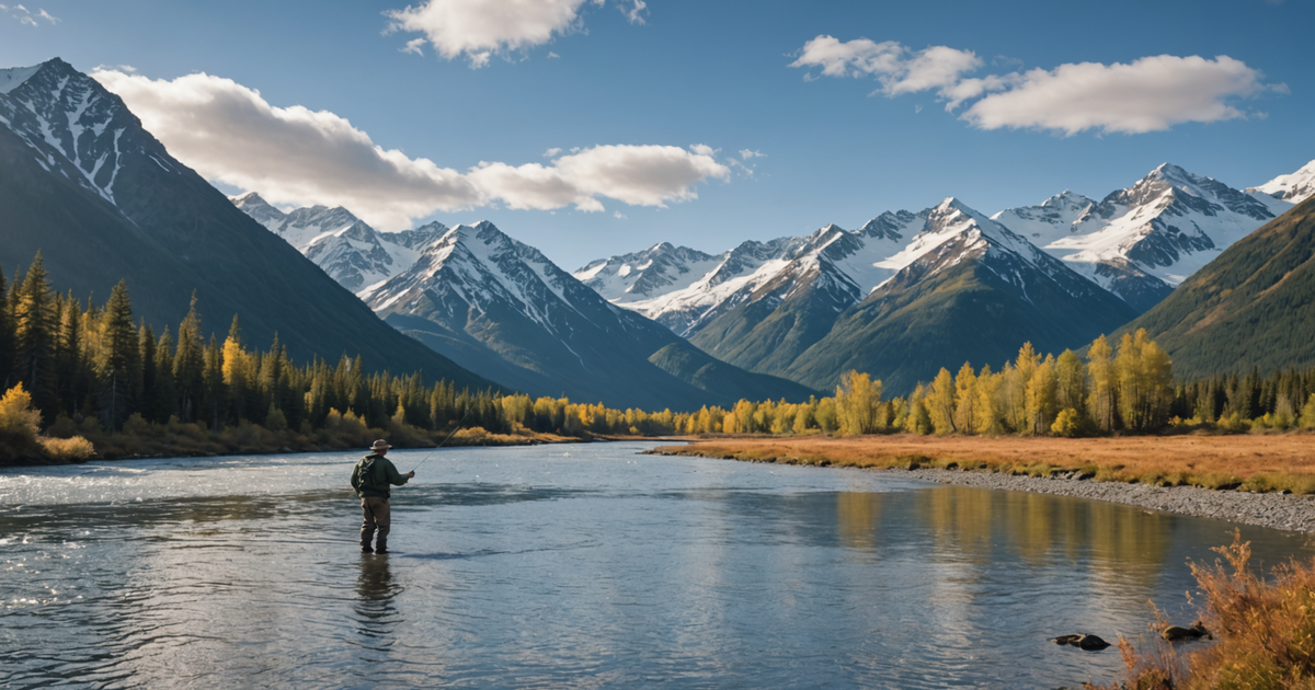 An angler expertly casting a fly rod in a picturesque Alaskan river, with mountains in the background.