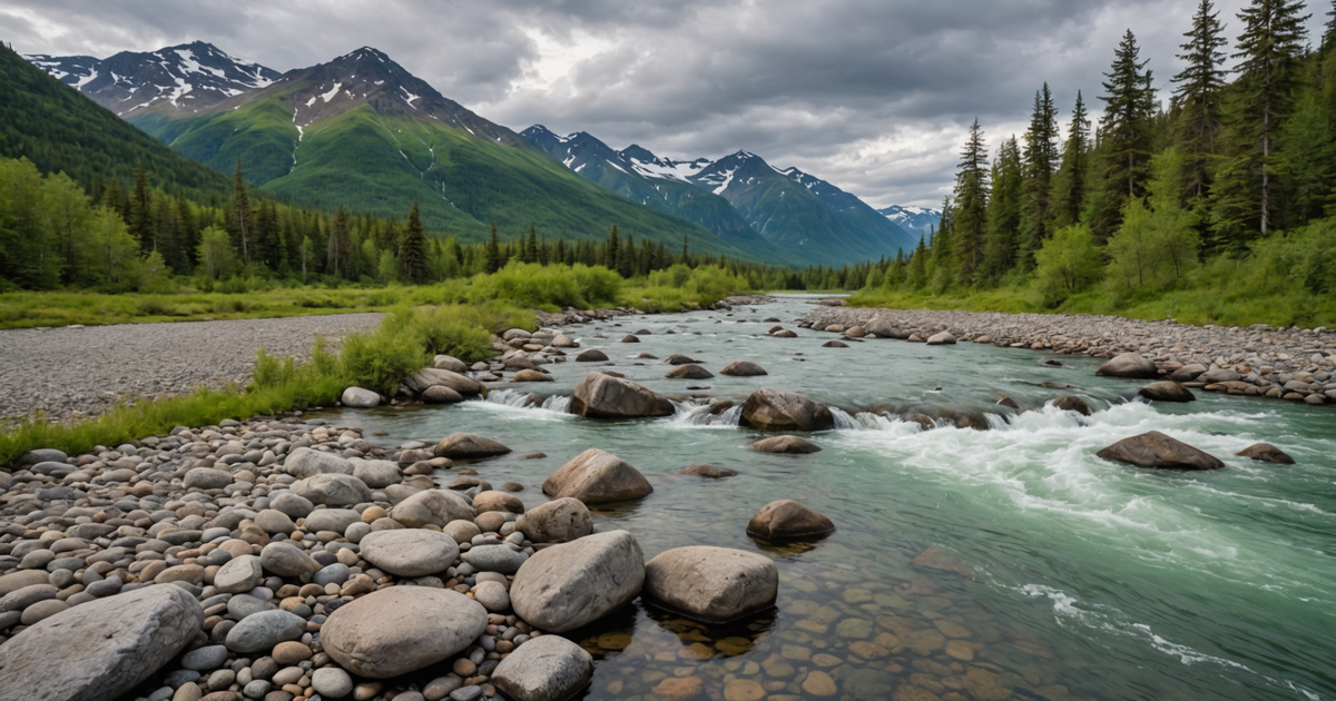 A serene Alaskan river with a backdrop of mountains