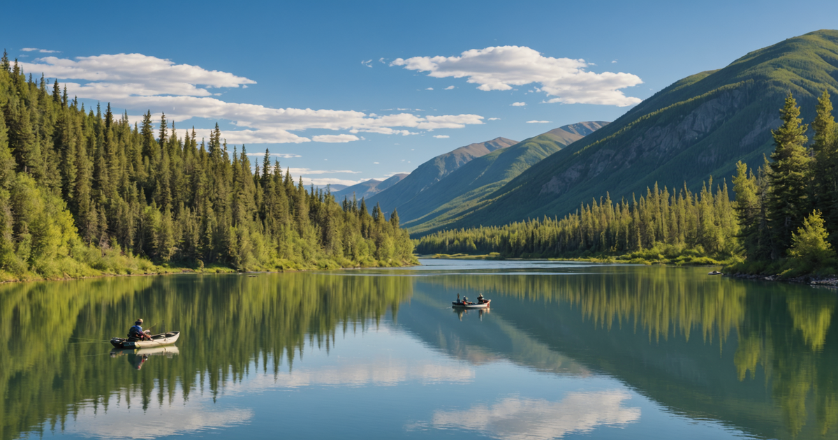 A serene view of the Yukon River with anglers fishing for pike under a clear blue sky.