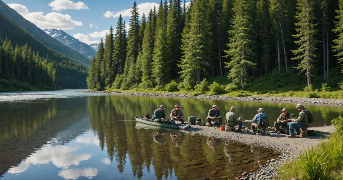 A group of anglers preparing their gear beside a picturesque Alaskan river, surrounded by lush greenery.