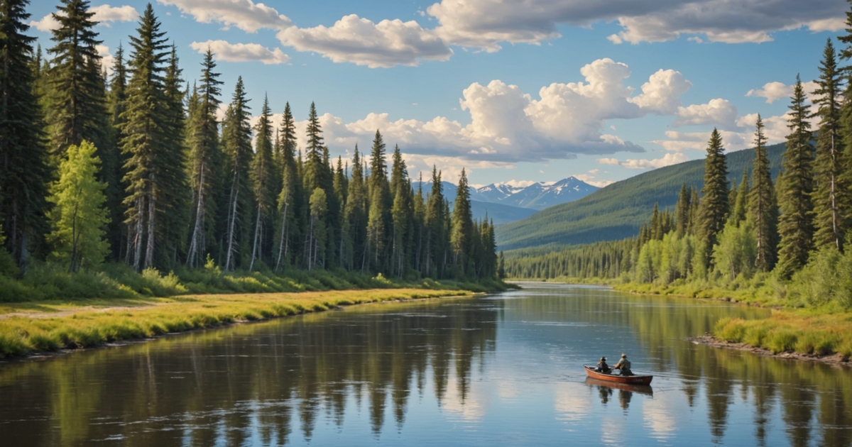 A serene view of the Upper Chena River with anglers enjoying a day of fishing against the backdrop of lush Alaskan wilderness.