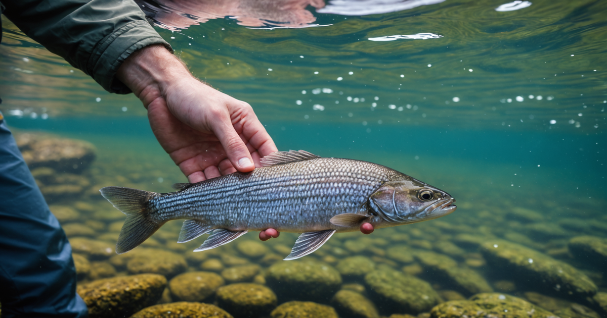 A close-up of an Arctic grayling being gently released back into the crystal-clear waters of an Alaskan river.