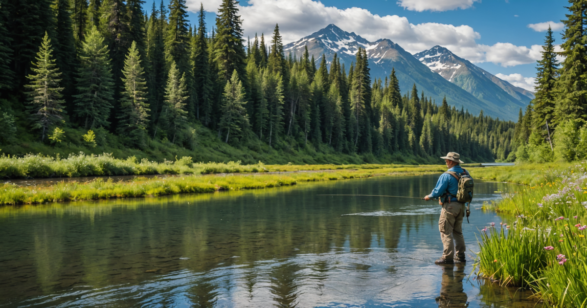 An angler fly fishing for grayling in a scenic Alaskan river.