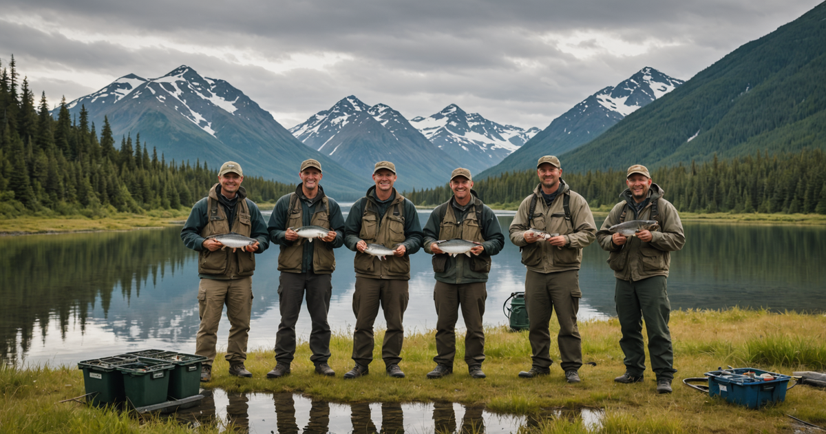 A group of anglers with a guide in Alaska, displaying their catch of grayling.
