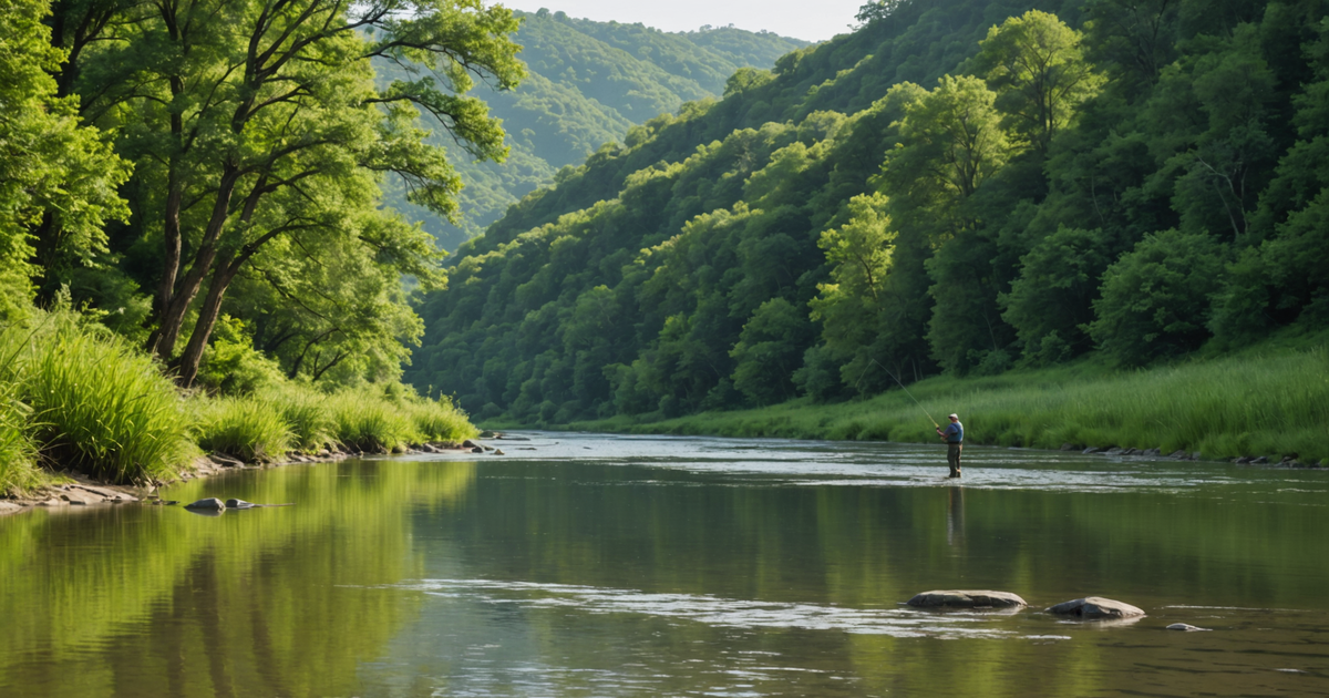 Scenic view of the Goodpaster River with an angler fishing for grayling.