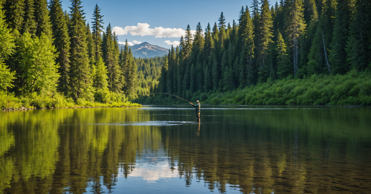 An angler casting a fly in the Delta Clearwater River, surrounded by lush Alaskan wilderness.
