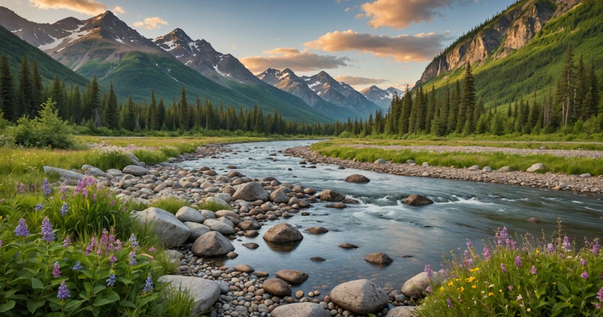 A scenic view of an Alaskan river, perfect for grayling fishing