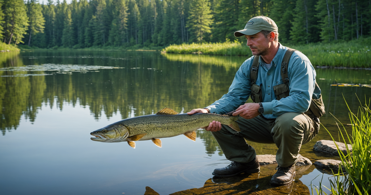 An angler practicing catch and release with a Northern Pike