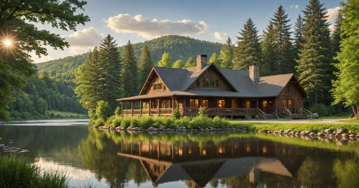 Scenic view of a fishing lodge by a river