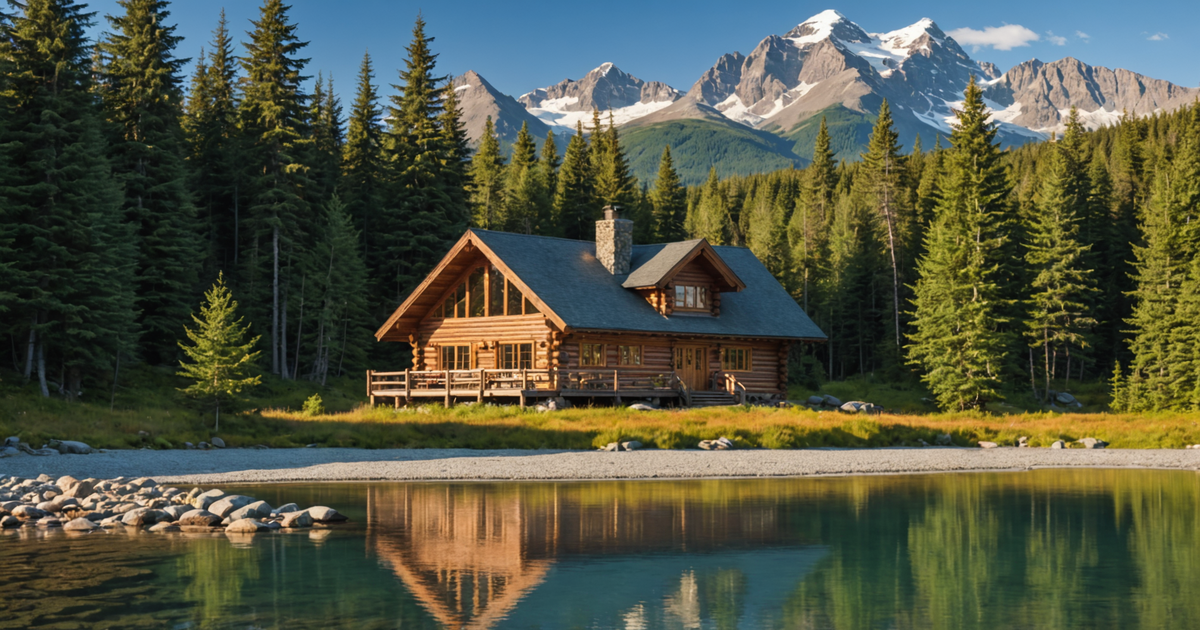 A luxurious rustic cabin at an Alaskan pike fishing lodge, set against a backdrop of stunning wilderness.