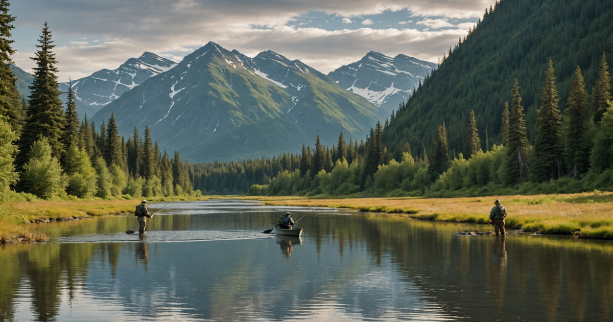 An Alaskan river with anglers fishing for pike