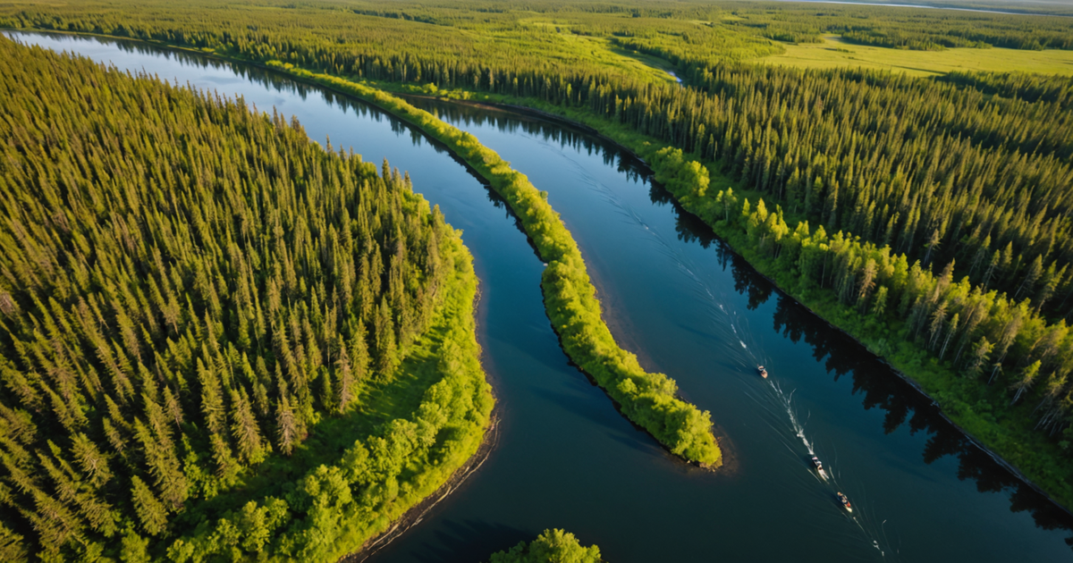 Aerial view of Togiak River with anglers fishing for pike