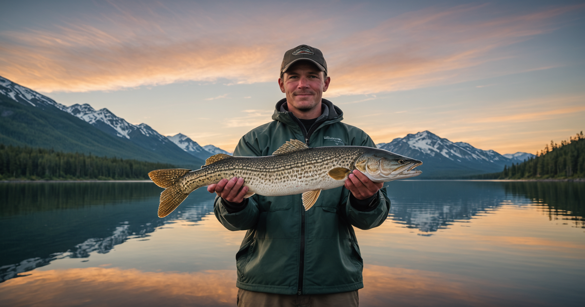 Angler holding a trophy northern pike with Alaskan wilderness in the background