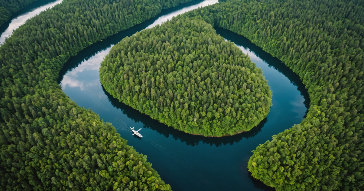Aerial view of the Innoko River with a floatplane landing