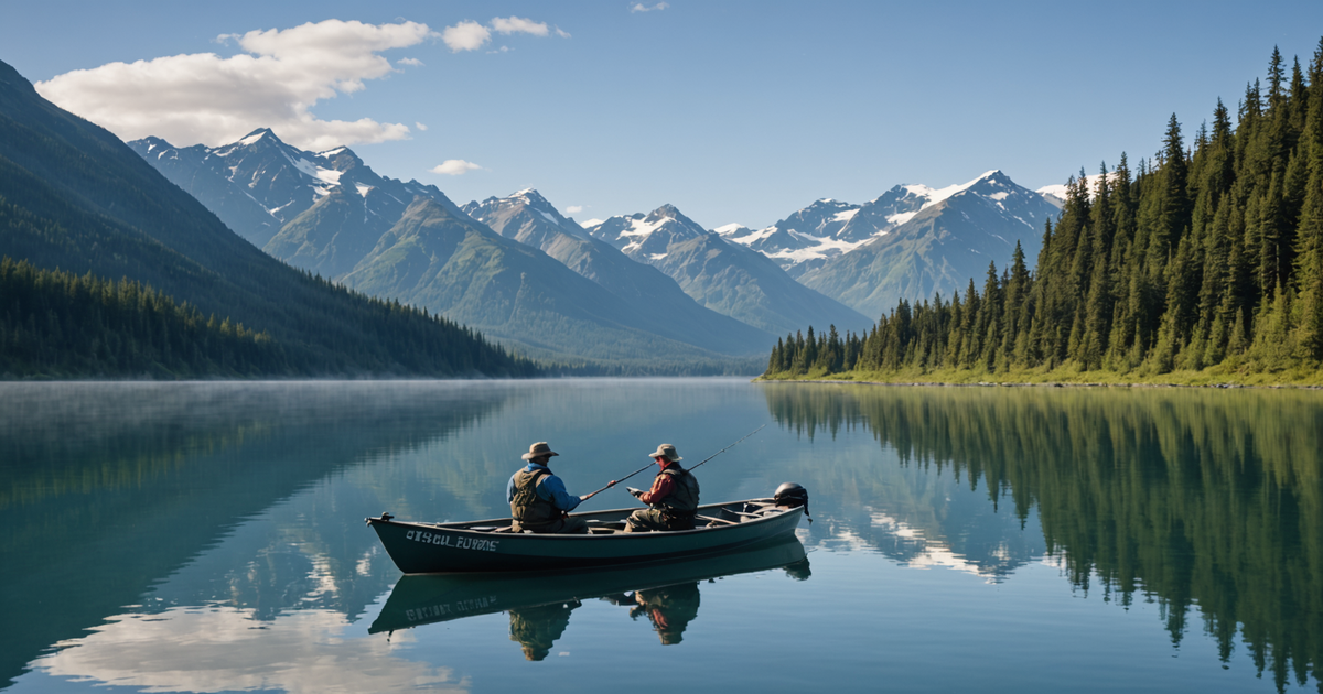 A guide assisting an angler on a boat in Big Lake, with a scenic backdrop of Alaskan mountains.