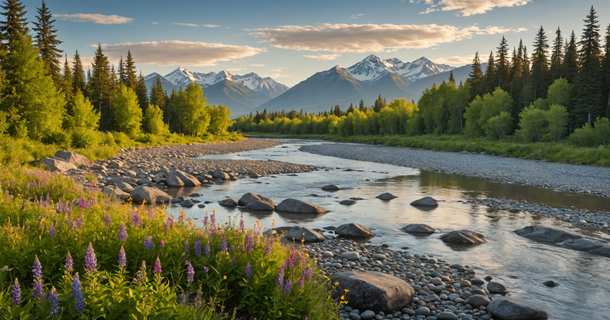 A serene view of the Susitna River with mountains in the background