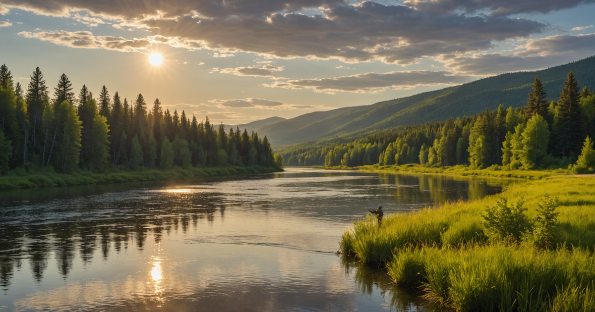 Scenic view of Chena River with an angler fishing for northern pike