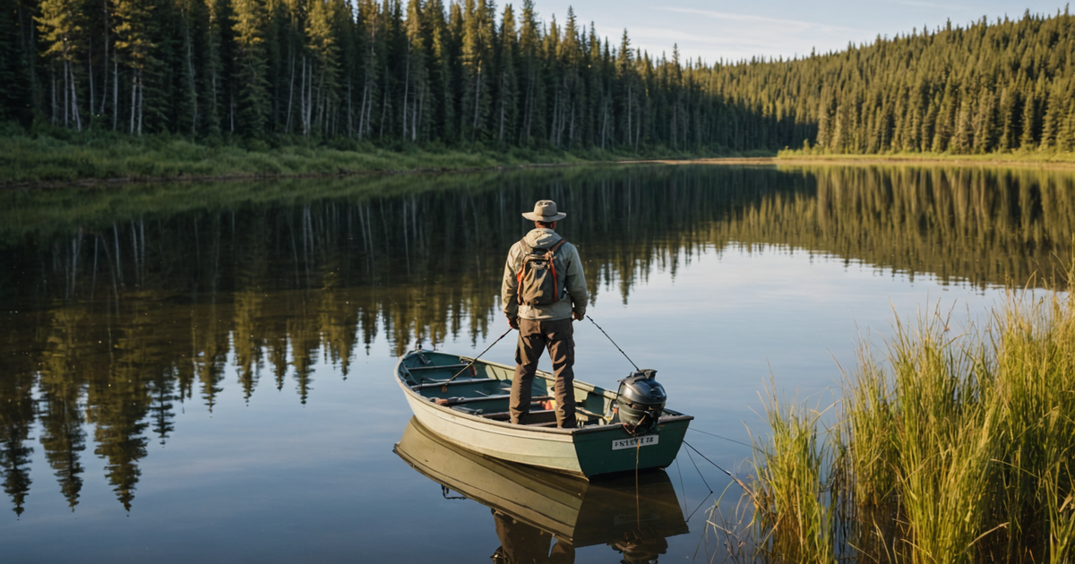 Angler in layered clothing with fishing gear on a boat in Fairbanks
