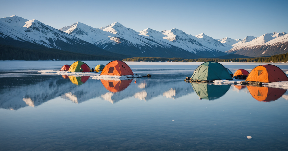 A serene Alaskan lake with ice holes and fishing tents set up