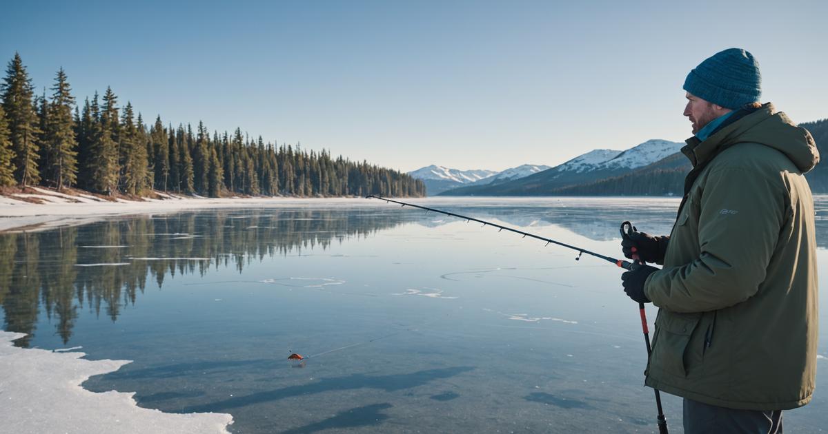 Angler demonstrating jigging technique over an ice hole with a colourful lure