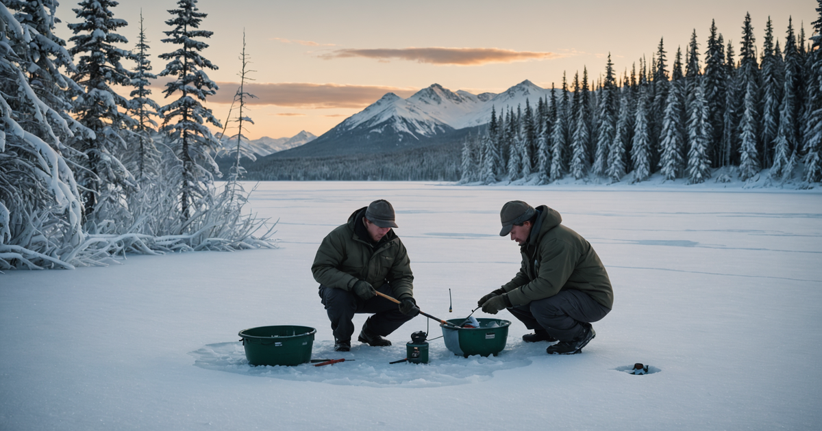 An angler setting up a tip-up on a frozen Alaskan lake