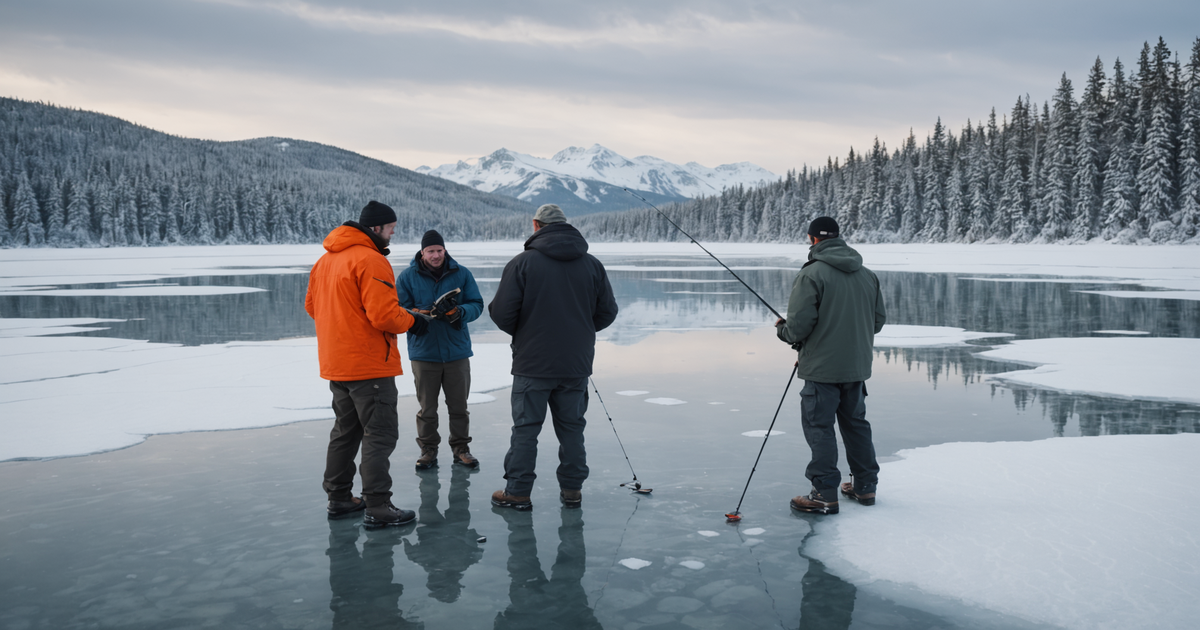 A group of anglers with a guide, catching pike on a frozen lake