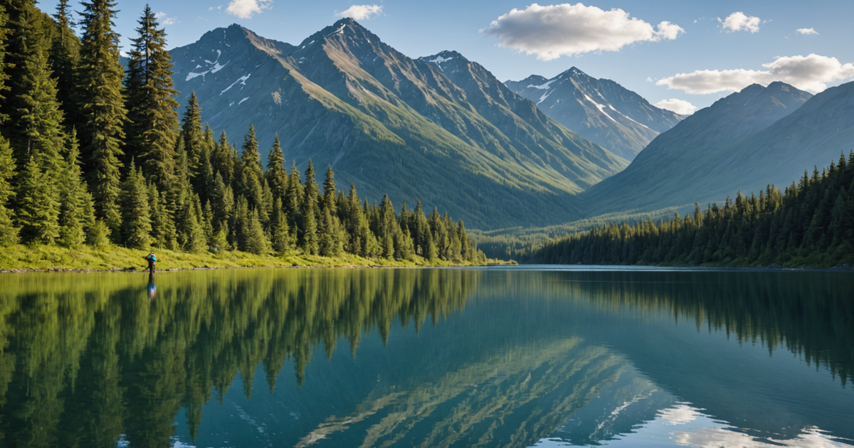 A scenic view of a lake in Alaska with an angler fishing for pike