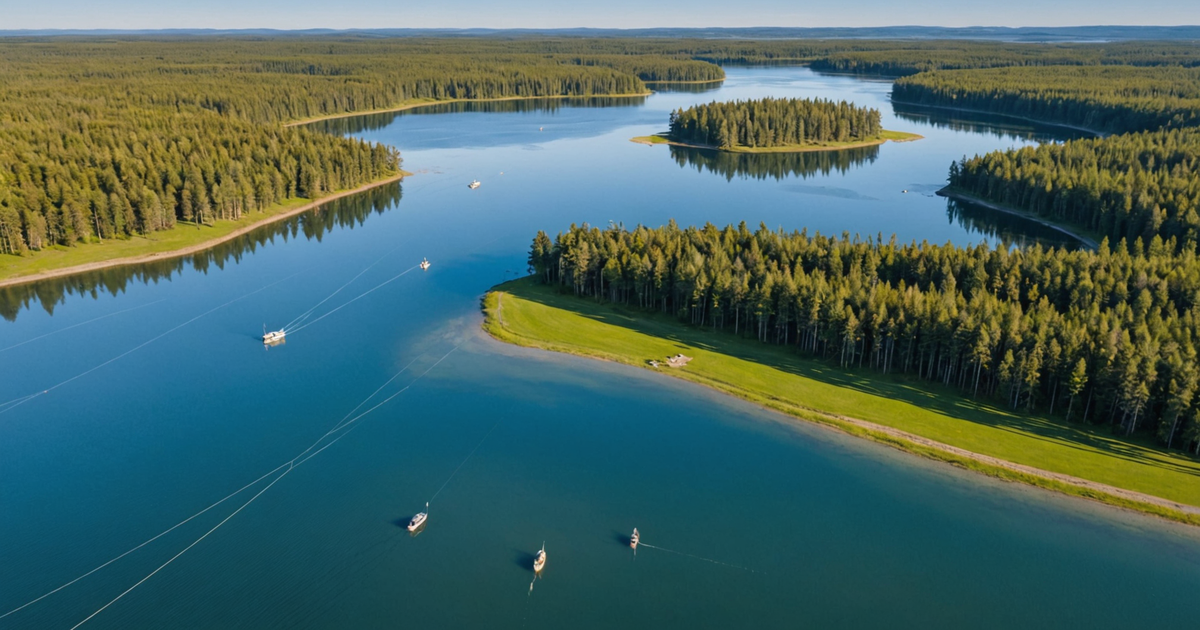 Aerial view of Minto Flats with anglers fishing from boats