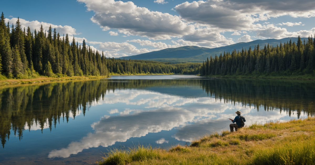 A scenic view of a Fairbanks lake with an angler casting a line