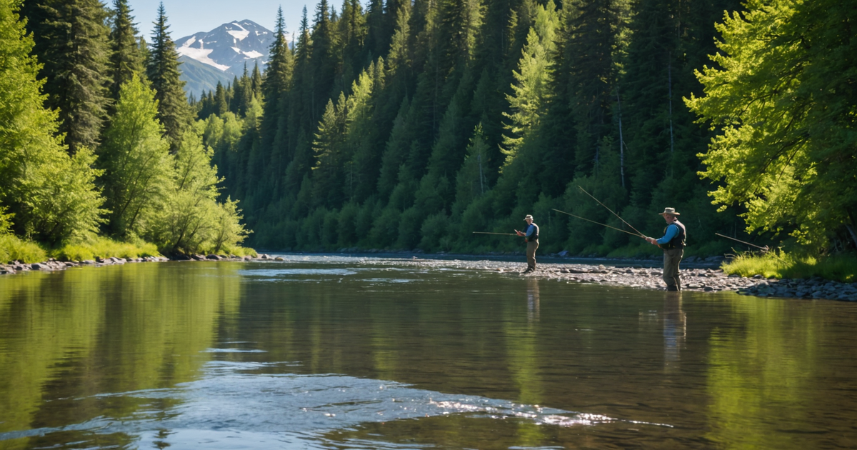 A serene Alaskan river with an angler casting a fly rod