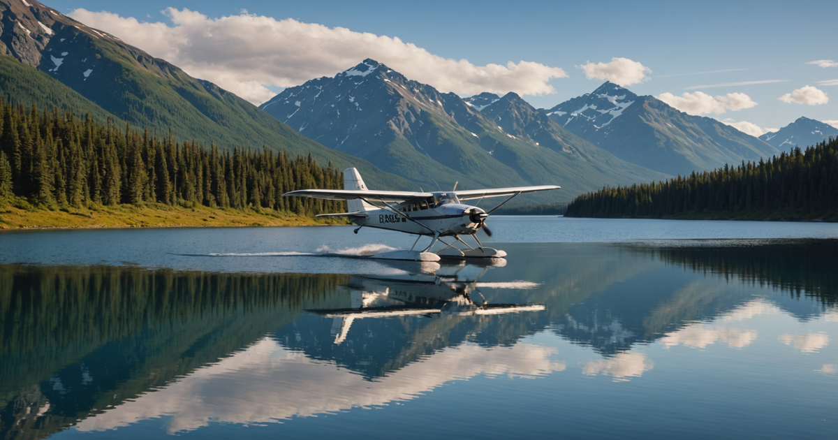 A bush plane landing on a serene Alaskan lake surrounded by mountains