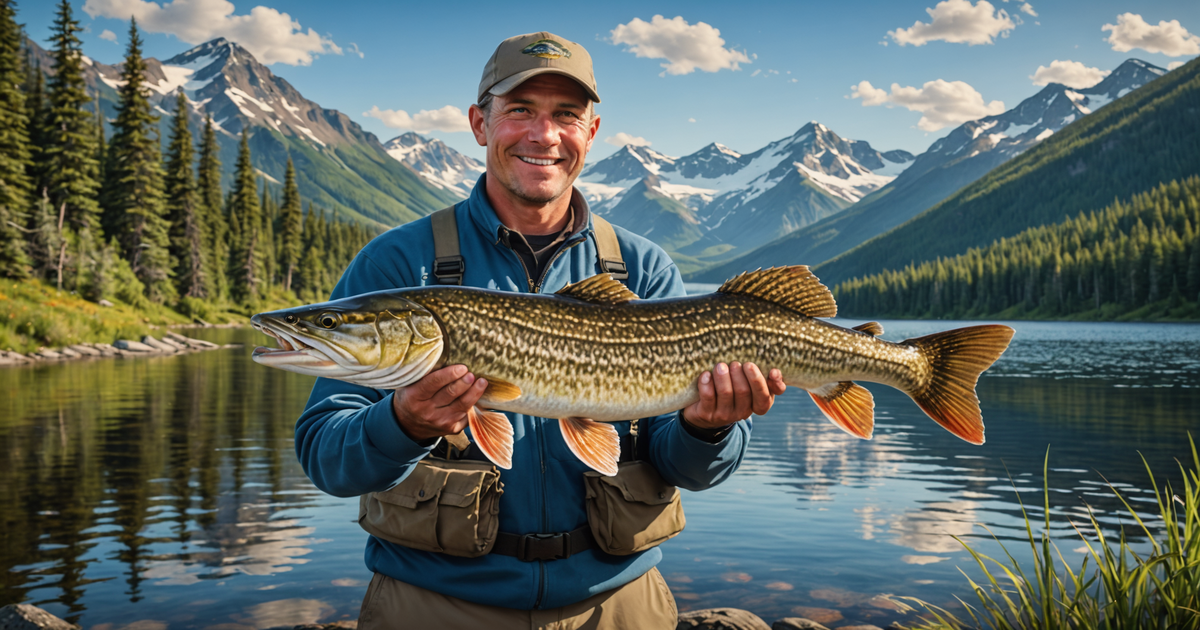 An angler holding a trophy-sized northern pike with a backdrop of Alaskan wilderness