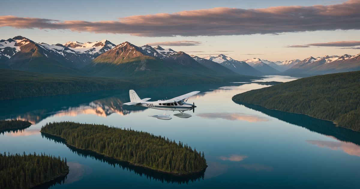 Aerial view of Alaskan wilderness with a floatplane