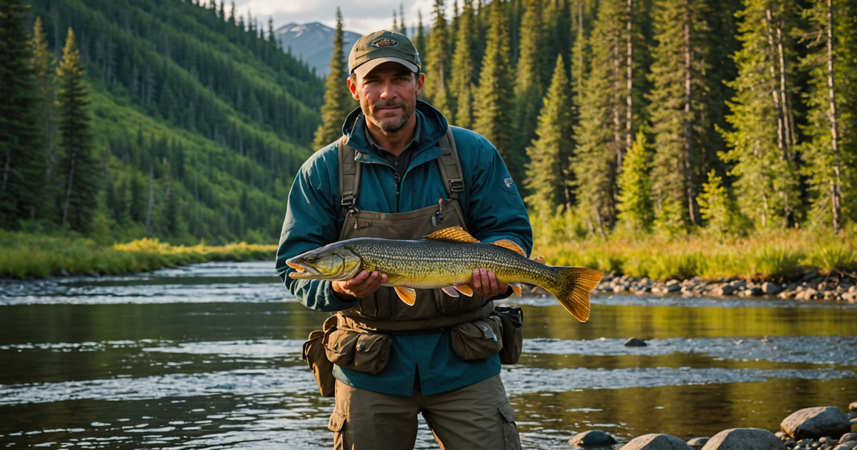 An angler standing beside a river in northcentral Alaska with a freshly caught Northern Pike.