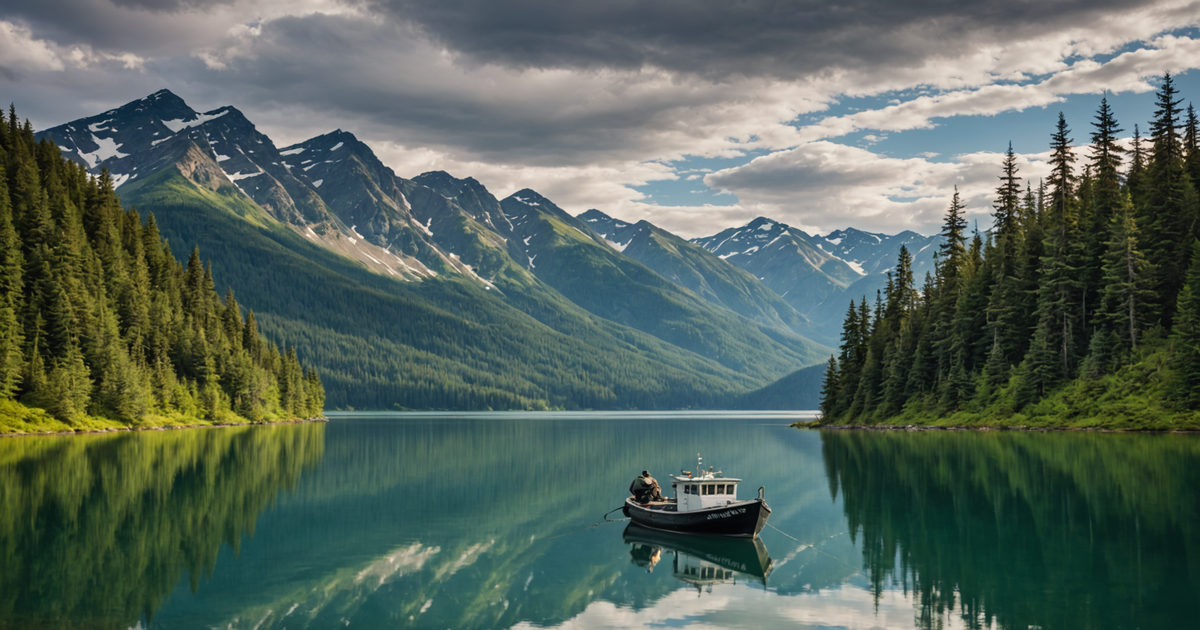 A fishing boat on a serene Alaskan lake