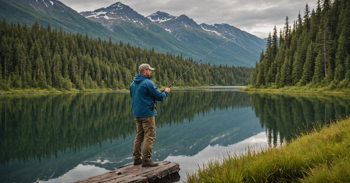 A local guide demonstrating pike fishing techniques on an Alaskan lake.