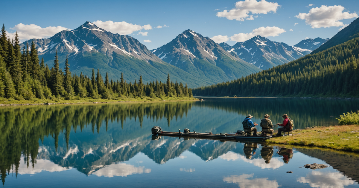A picturesque Alaska fishing site with anglers setting up equipment.