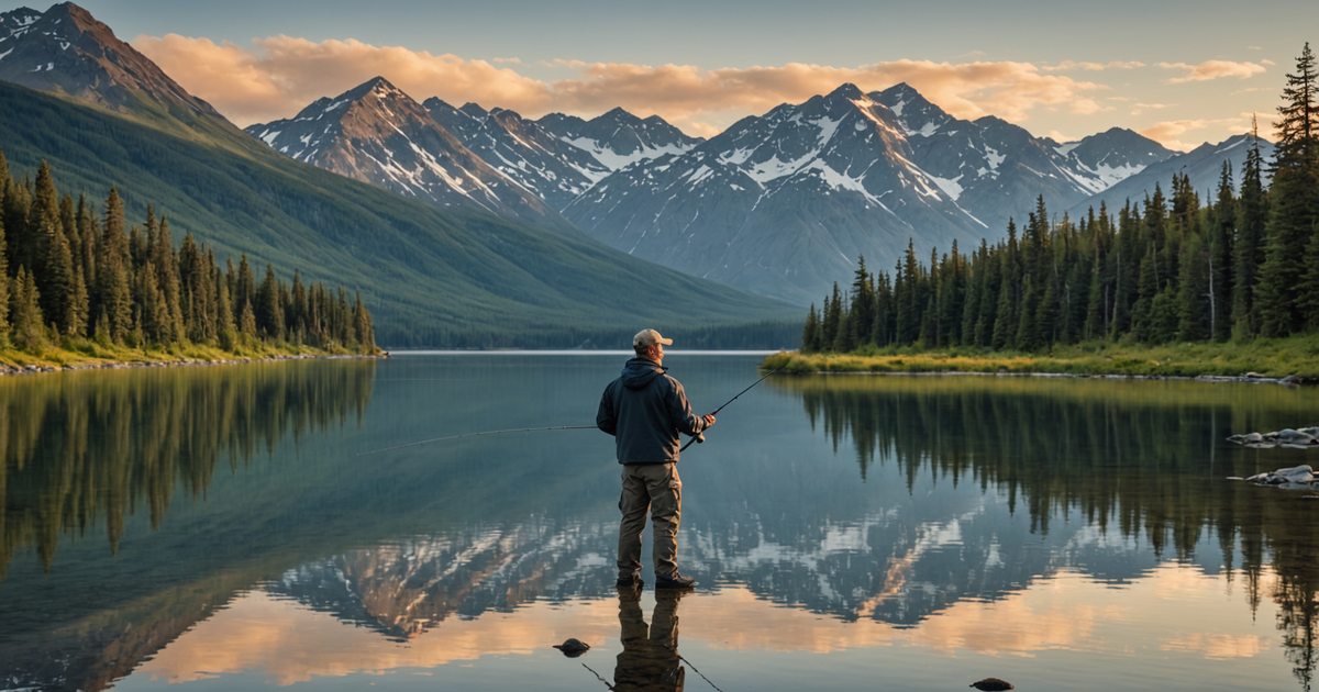 An angler casting a line into a serene Alaskan lake, with mountains in the background