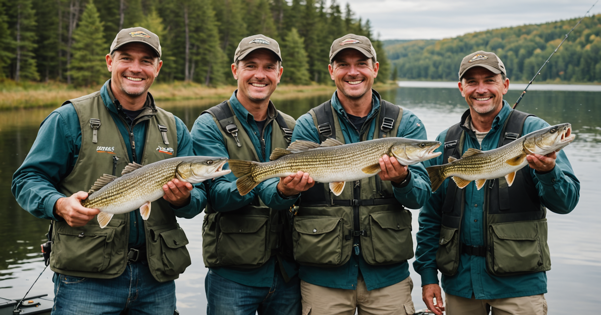 A group of anglers displaying their catch of northern pike alongside their guide