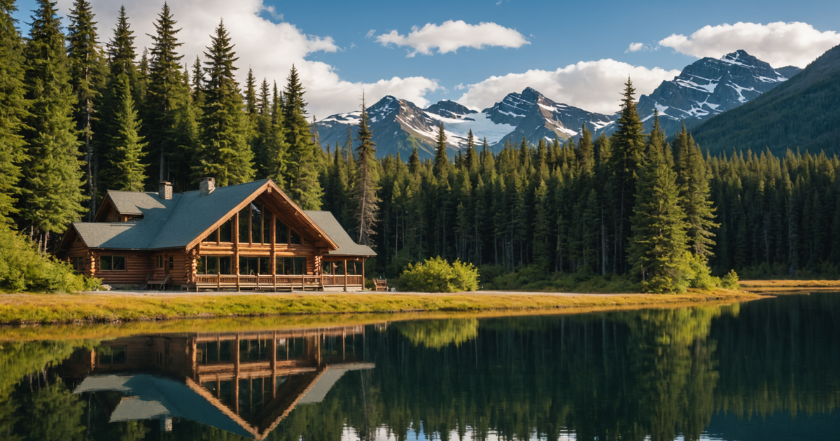 A luxurious lodge nestled in the Alaskan wilderness, surrounded by pine trees and overlooking a serene lake.