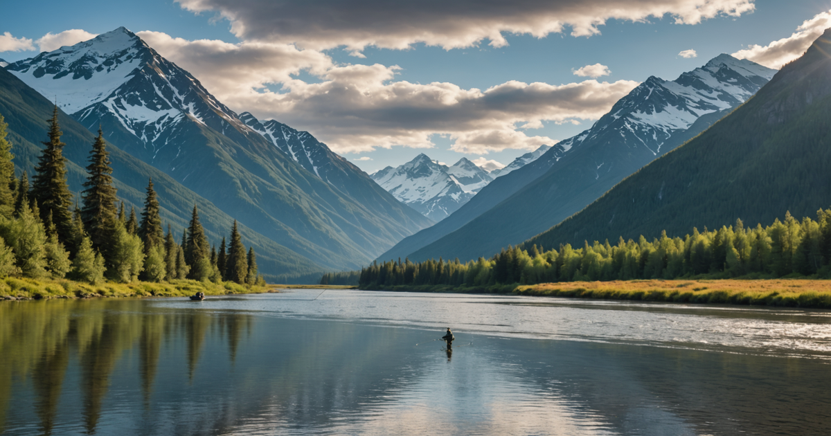 An angler casting a fly rod in a serene Alaskan river, surrounded by majestic mountains.
