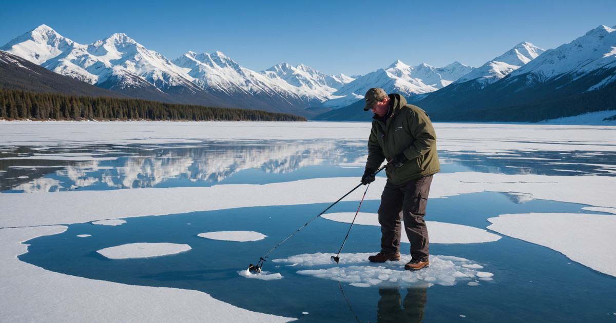 An angler drilling through thick ice on a pristine Alaskan lake