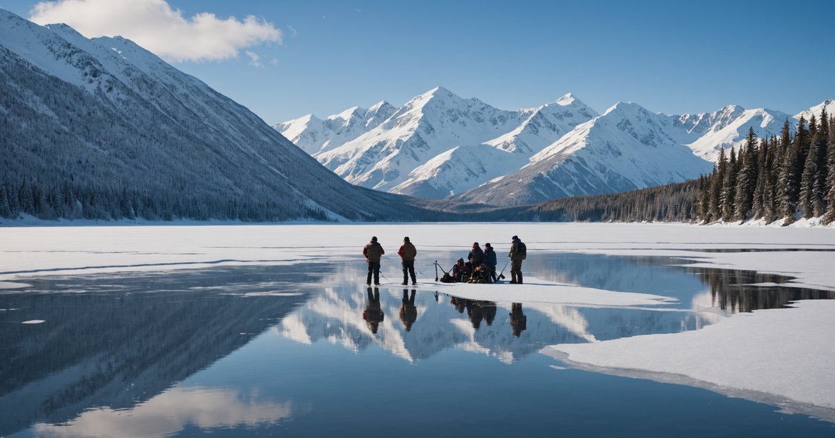 A group of anglers enjoying a guided ice fishing tour in Alaska, surrounded by snow-capped mountains